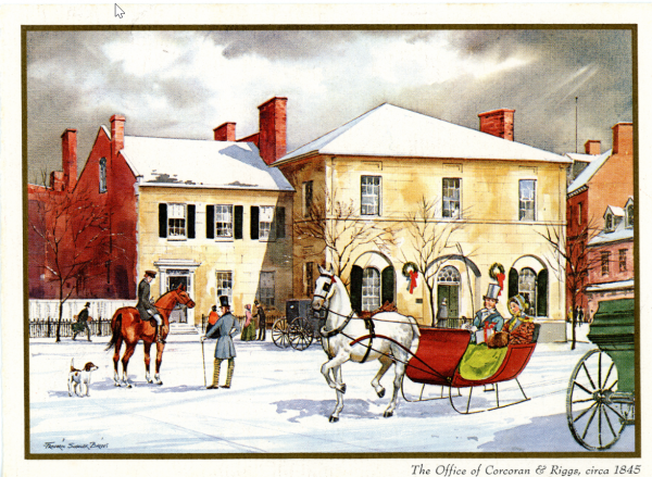 An illustration of two, connected, yellow, stone buildings in winter with snow on the ground and a white horse pulling a red carriage. A holiday scene.